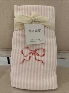 🤍 NWT Laura Ashley Iconic Pink Stripe Soft Guest Hand Towel with Bow Detail